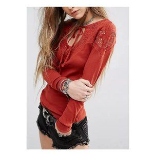 Free People With Love Crochet Tie Neck Long Sleeve Top
